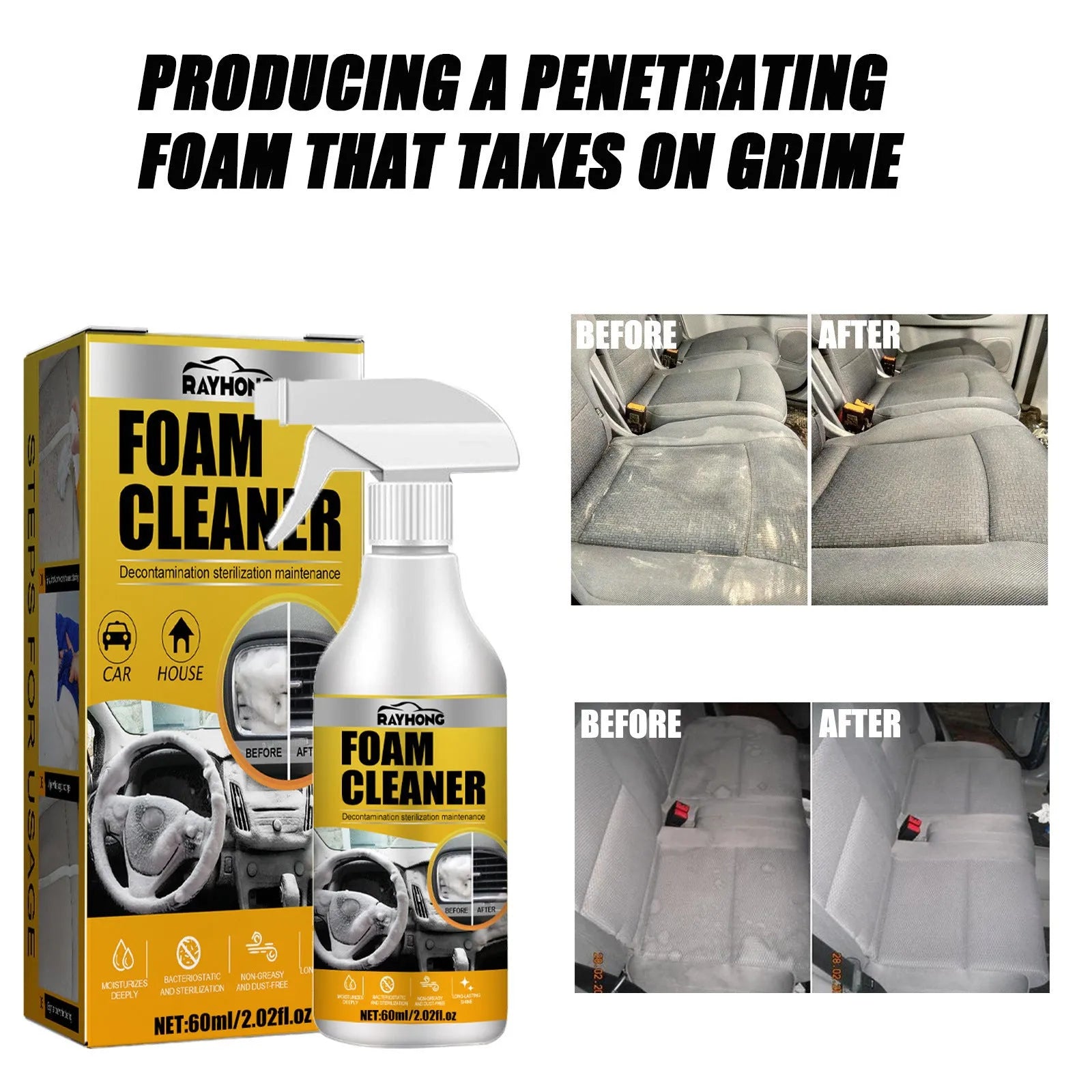 Car interior wash-free foamed cleaner 60ml with 10cm sponge for upholstery cleaning