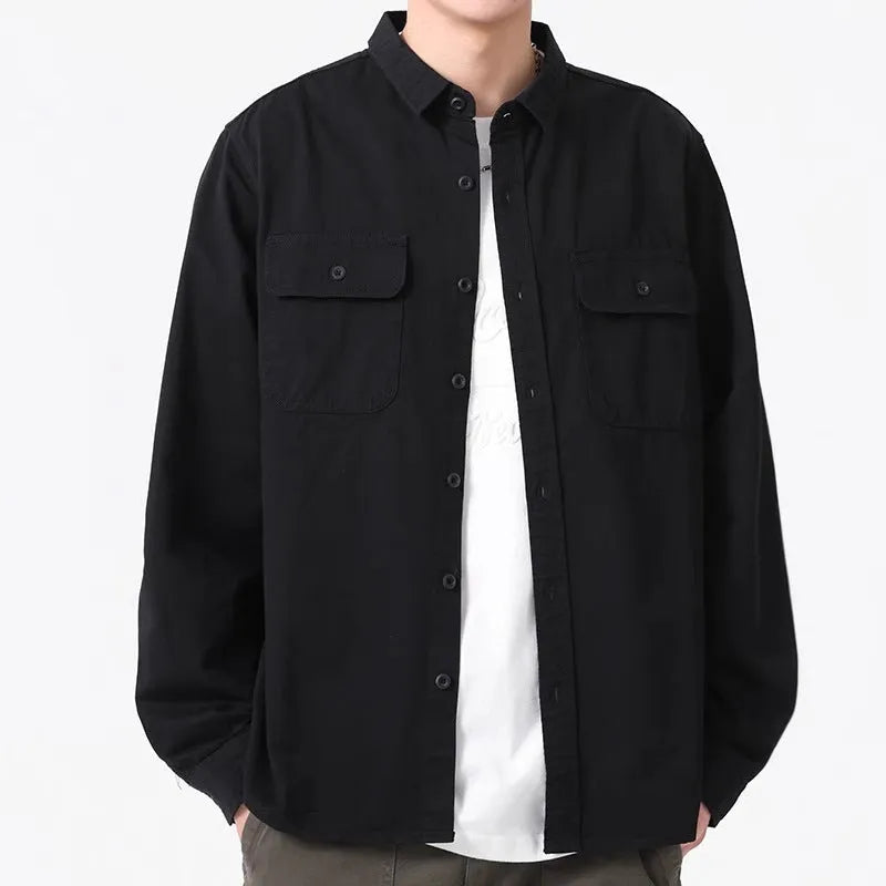 Men's loose fit long sleeve polyester overall shirt in light grey.