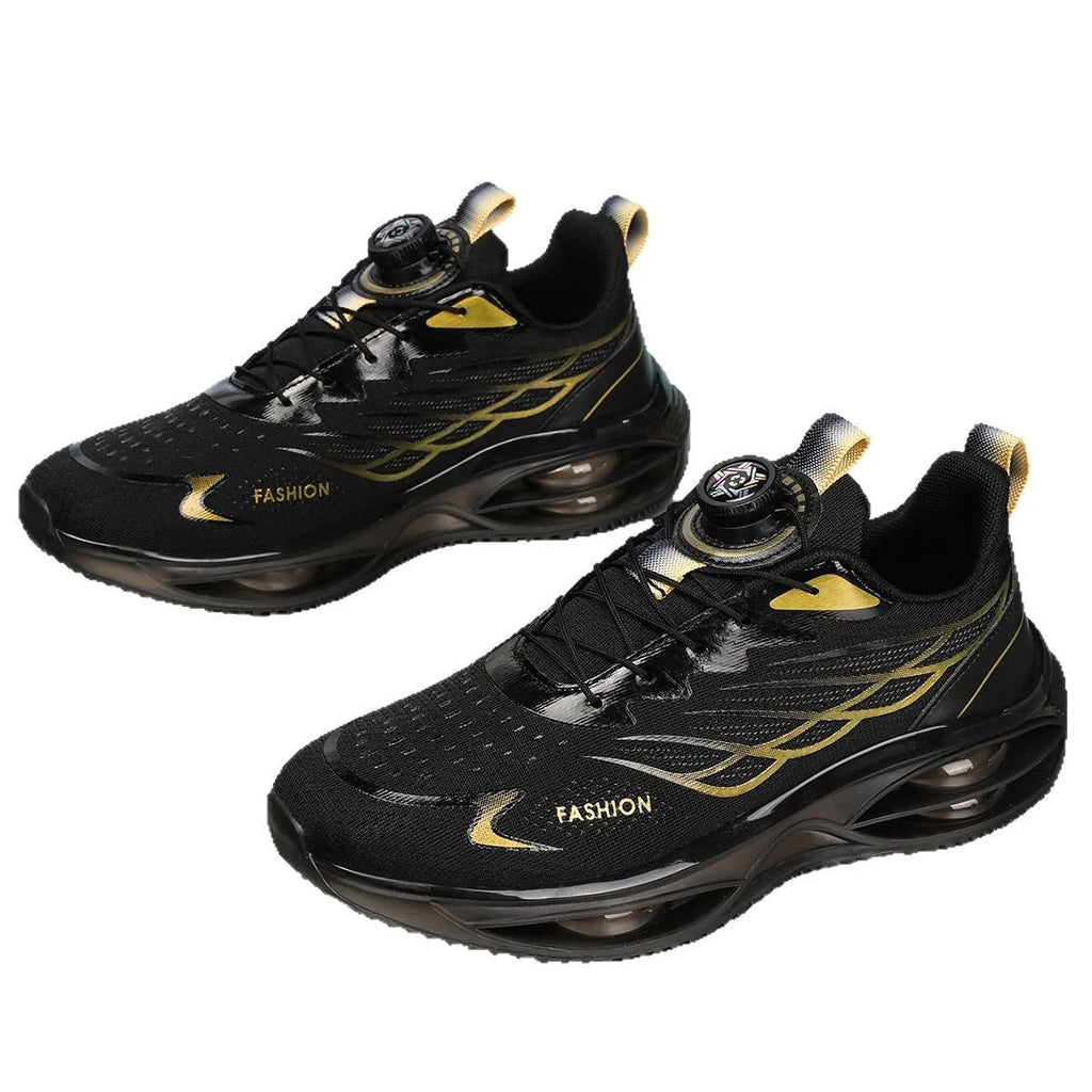 Casual running shoes with breathable PU mesh upper in sky blue, black gold, or white colours with rubber sole