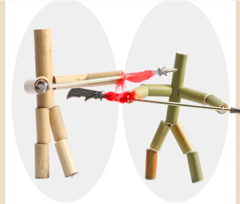 Bamboo Man wooden fighting game set with yellow table, two bamboo men, and iron weapons for children aged 4-14