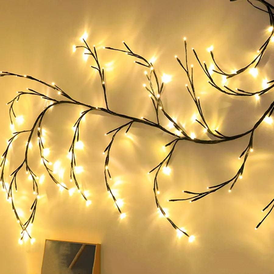 Flexible LED willow vine light garland with birch bark texture and warm white lights