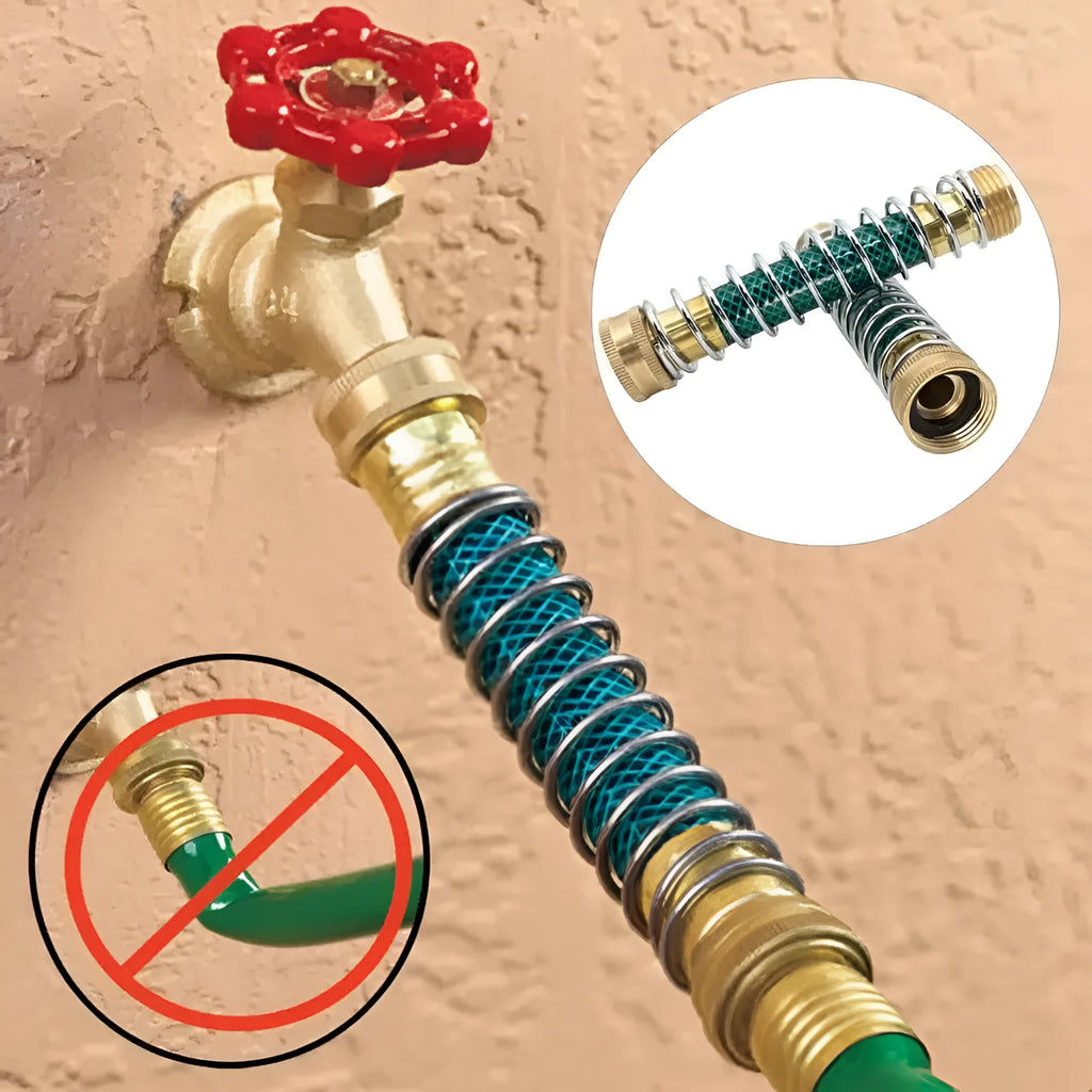 15cm brass spring hose connector for garden irrigation with anti-kink spiral mechanism