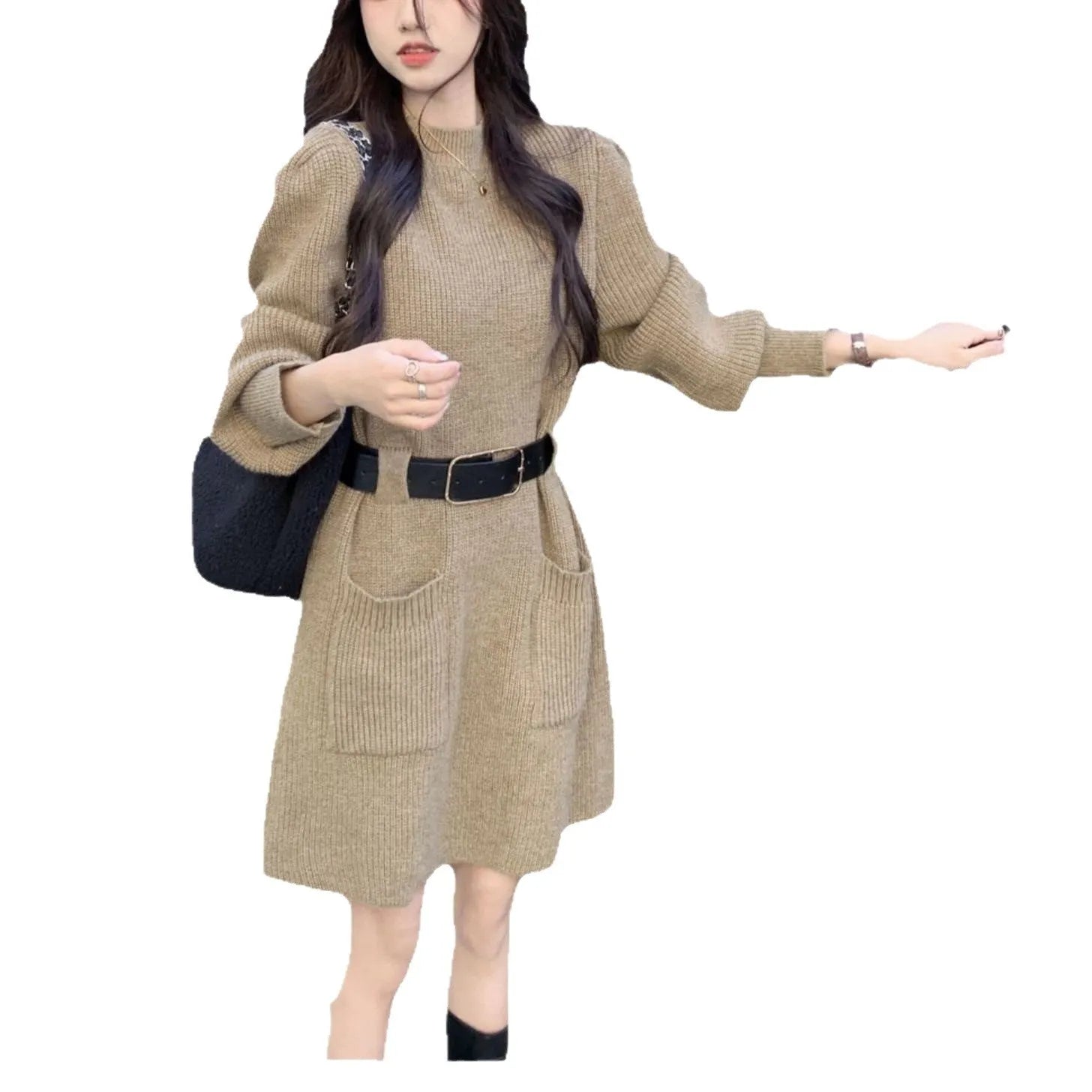 Women's beige loose knitted long sleeve dress with high waist and black belt