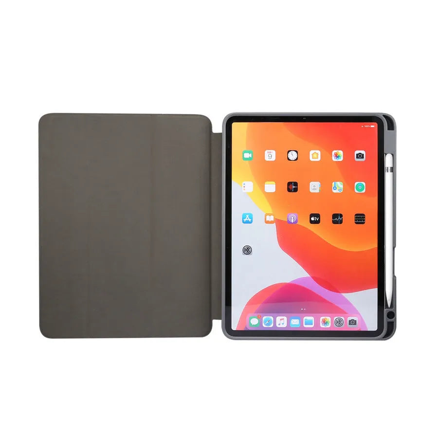 Tri-fold marbled imitation leather iPad case with a visible pen slot, shown in dark grey.