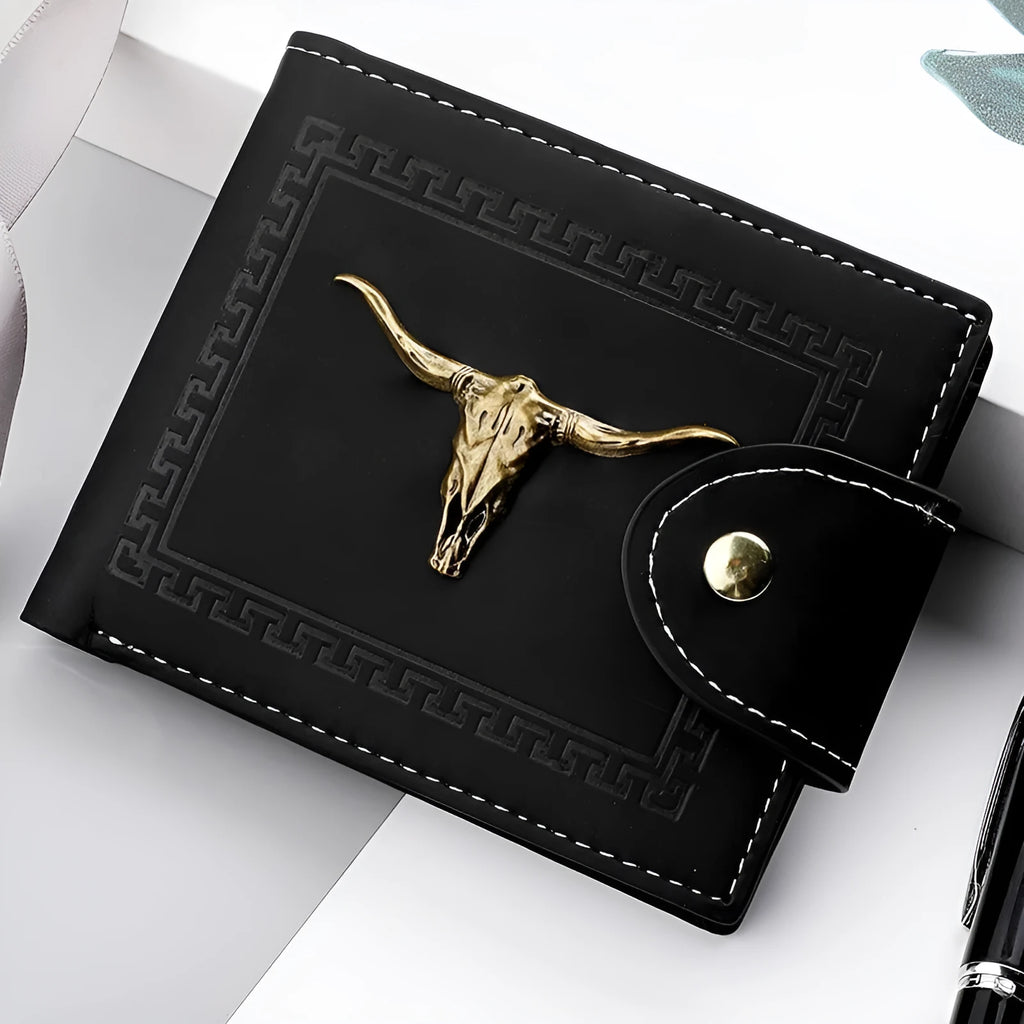 Black men's short wallet with animal pattern, zipper closure, and multiple card slots in PU leather