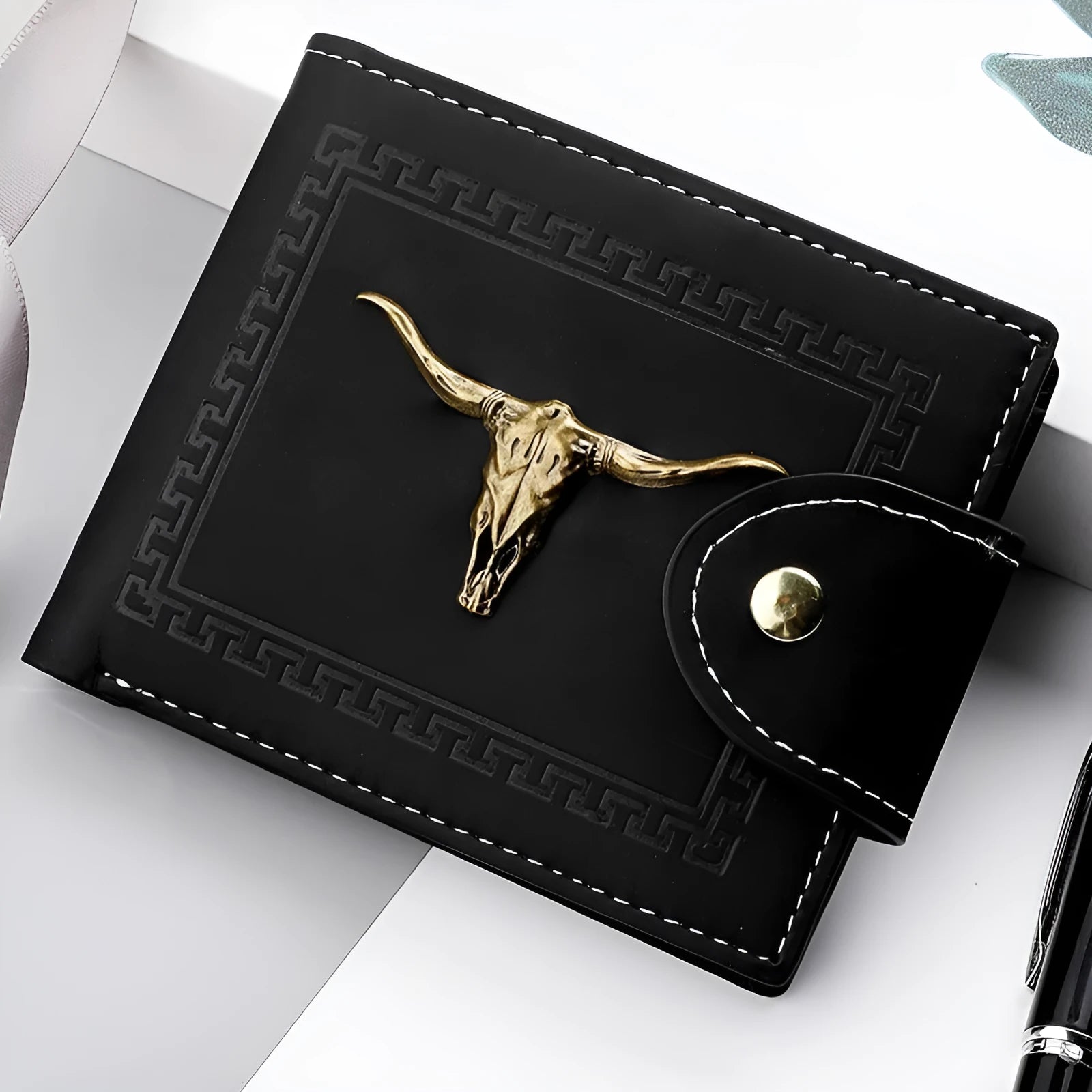 Black men's short wallet with animal pattern, zipper closure, and multiple card slots in PU leather