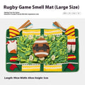 Garden camping theme dog sniffing mat with folds for hiding treats on a plastic fabric surface.