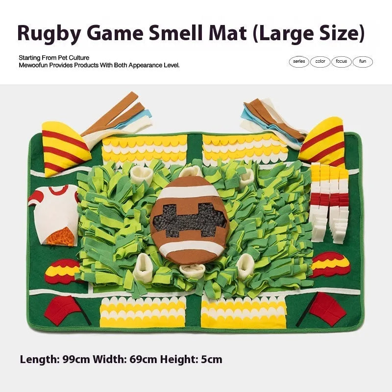 Garden camping theme dog sniffing mat with folds for hiding treats on a plastic fabric surface.