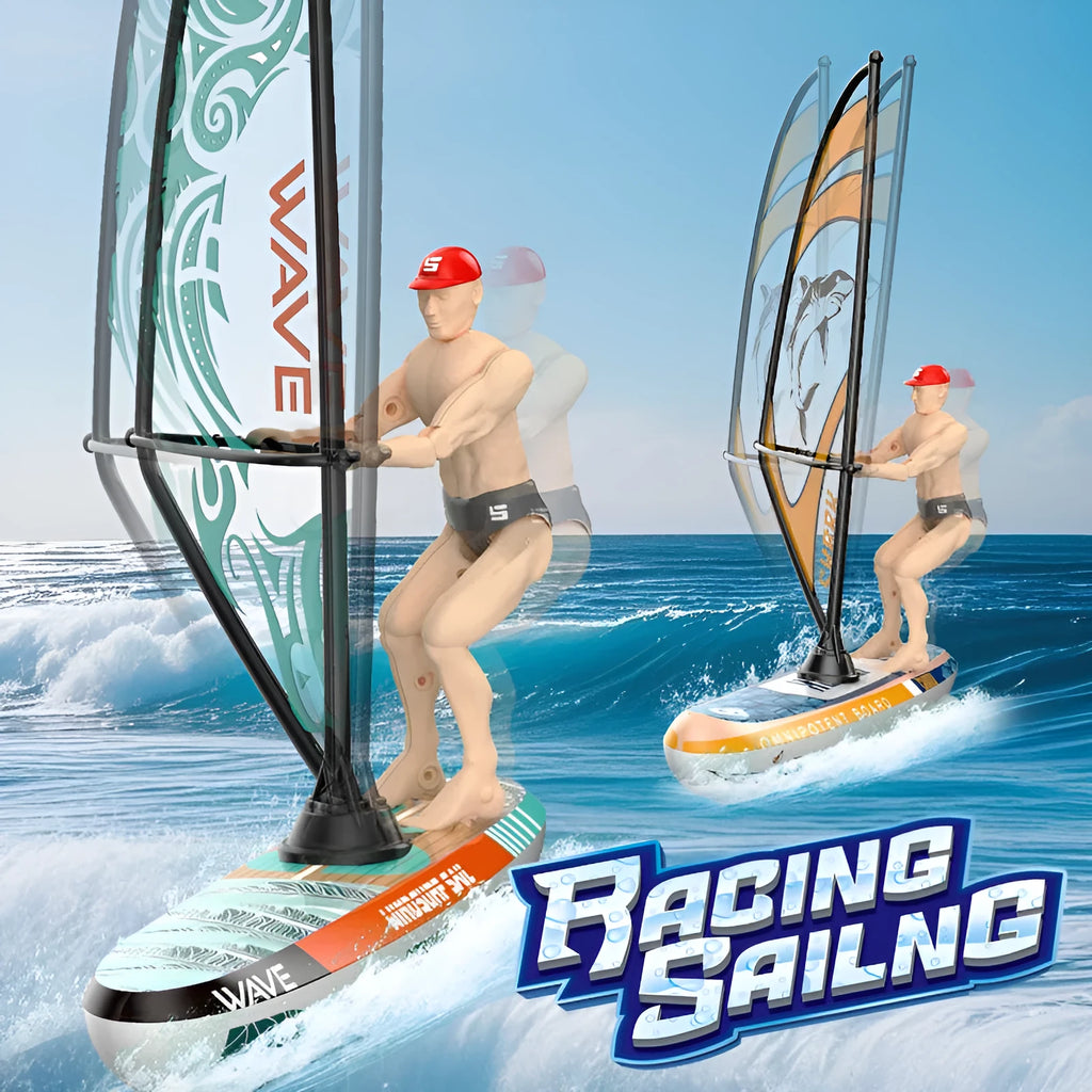 Blue high-speed electric remote control sailboat toy with plastic body on water surface
