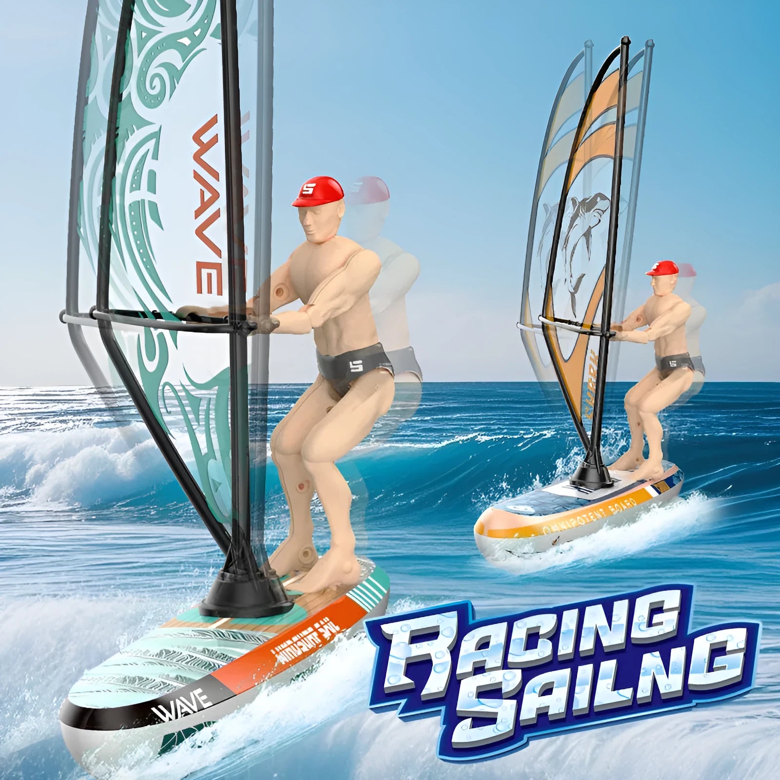 Blue high-speed electric remote control sailboat toy with plastic body on water surface