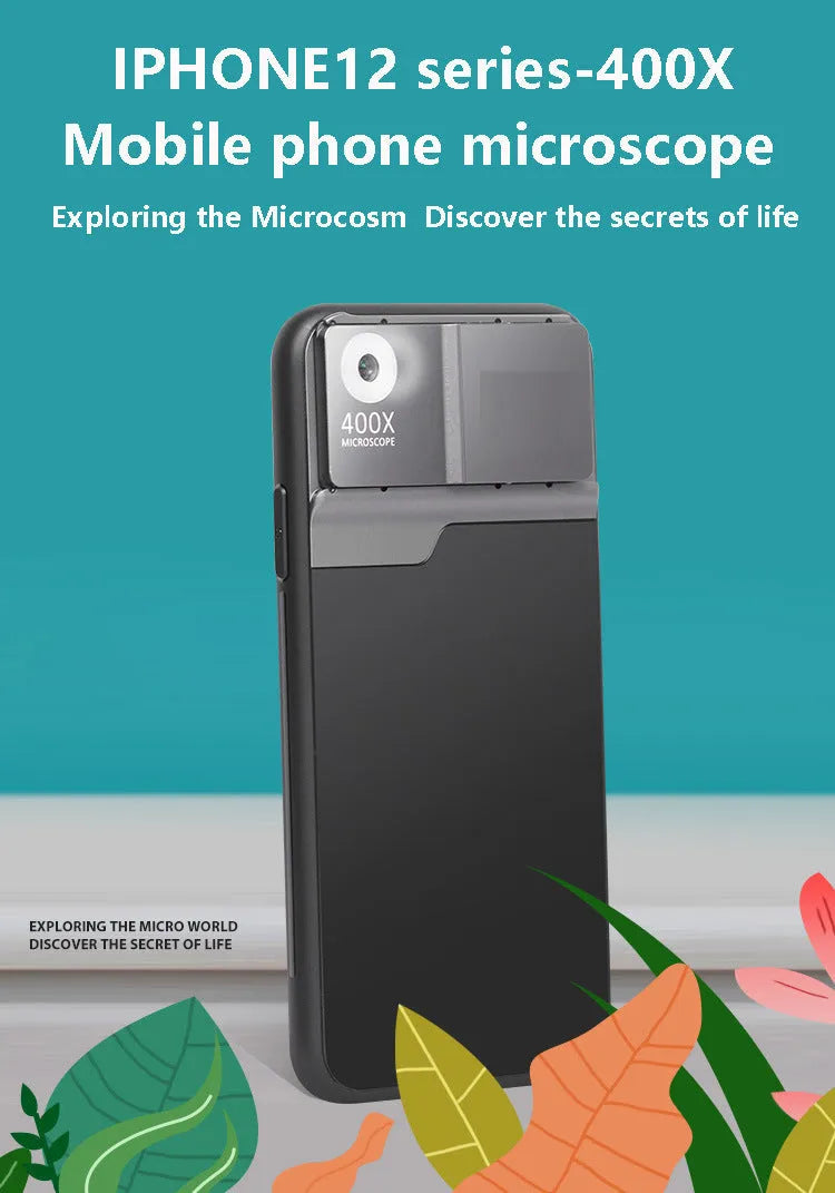 Black and silver 400X mobile phone microscope lens with aluminum alloy TPU case for iPhone.