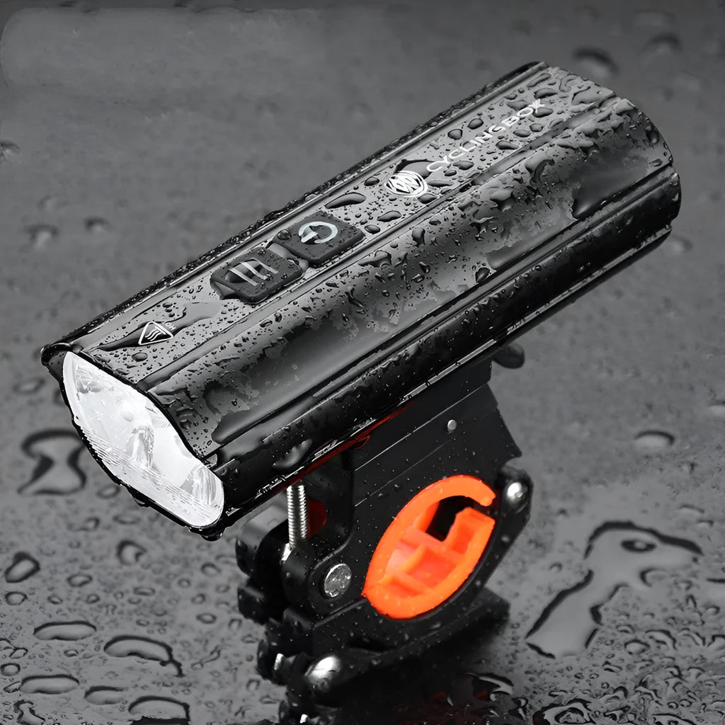 Black rechargeable bicycle light with aluminium alloy body, 1800 lumens, Type-C charging, and POM bracket.