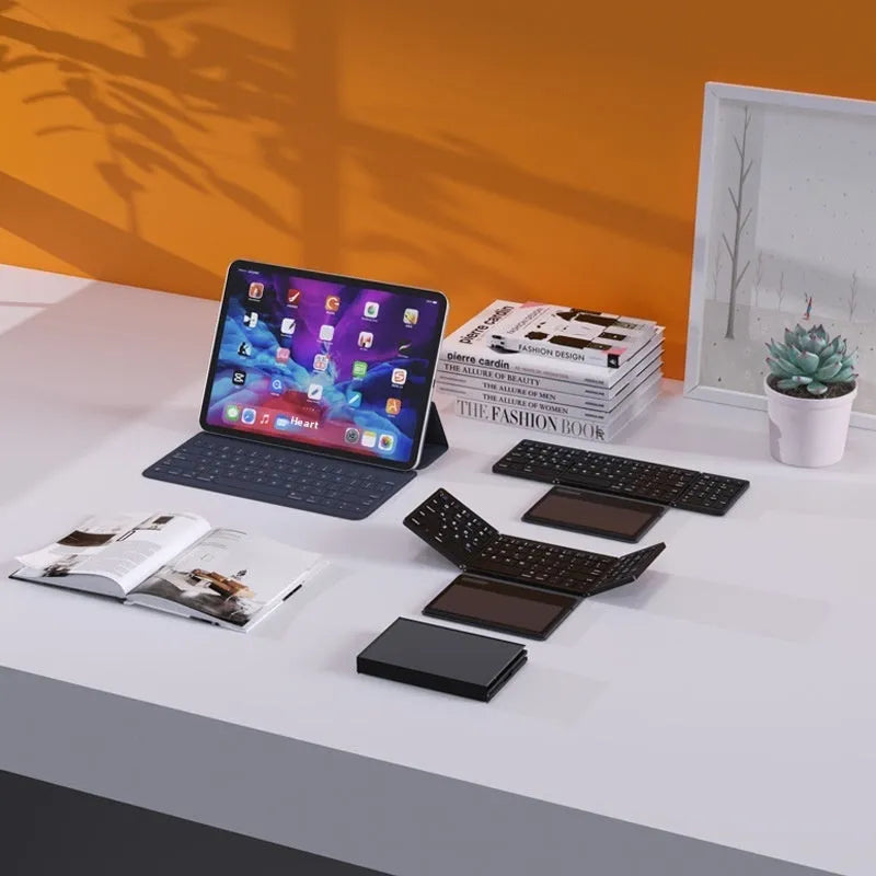 Black B055 Bluetooth folding keyboard, business leather style, unfolded and folded dimensions, Type-C interface