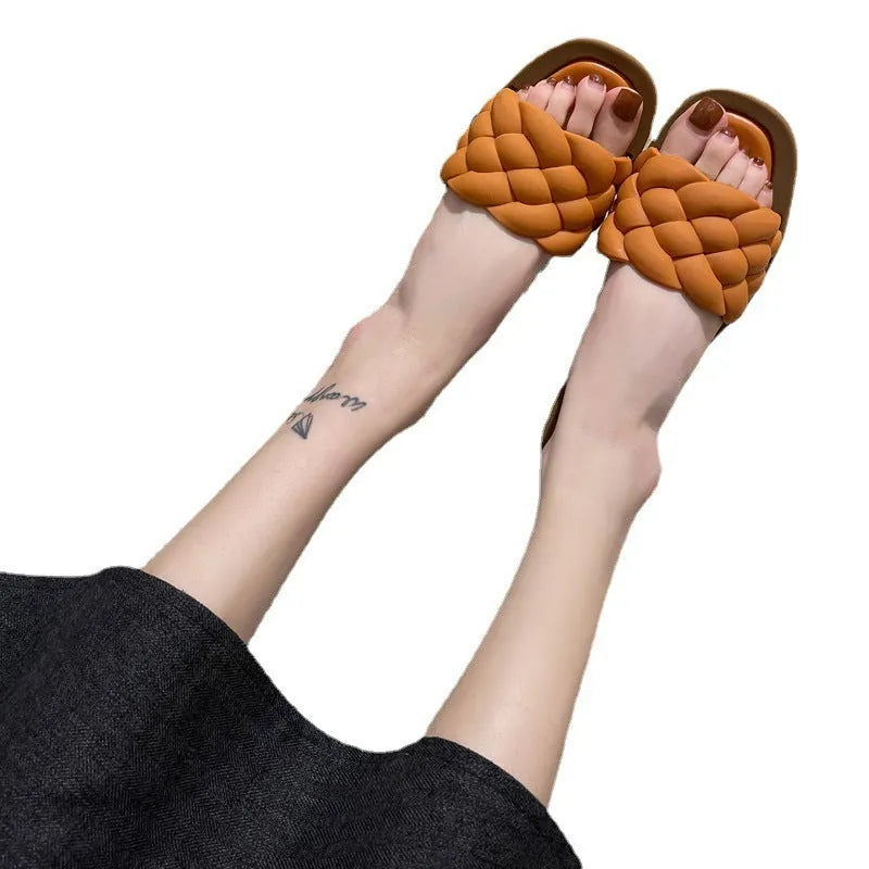 Women's plaid-patterned PVC beach sandals with a thick anti-skid sole, shown in white, green, orange, and black.