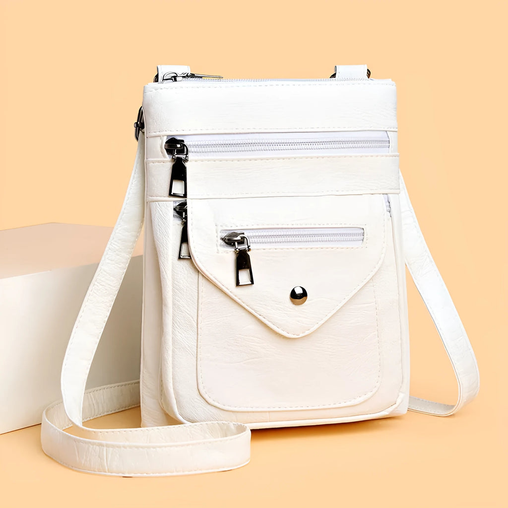 Vertical square crossbody phone shoulder bag for women in black, white, grey, or yellow brown