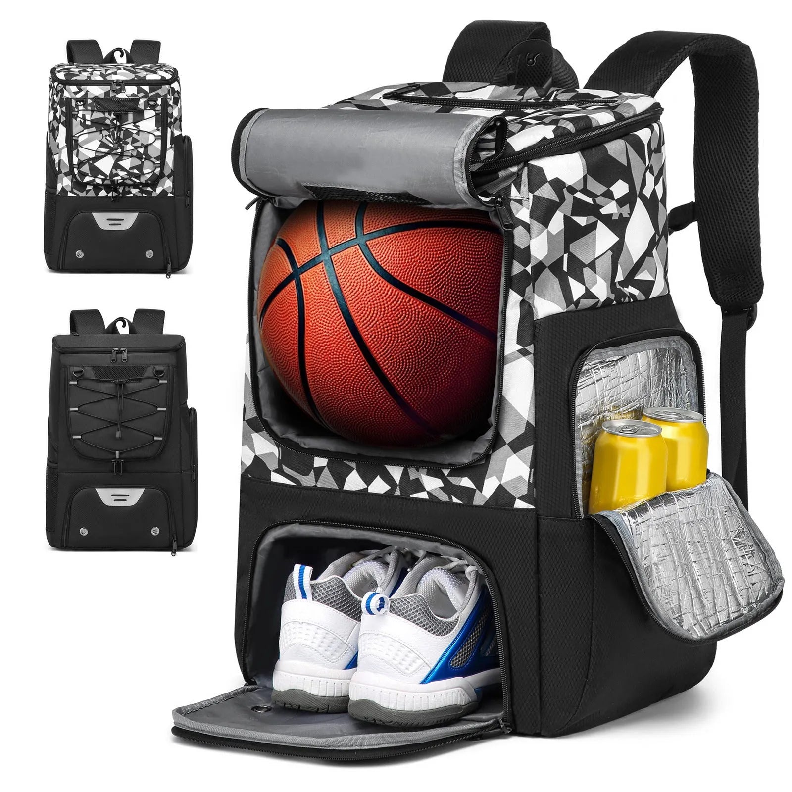 Black Oxford cloth basketball training backpack with large capacity for sports equipment