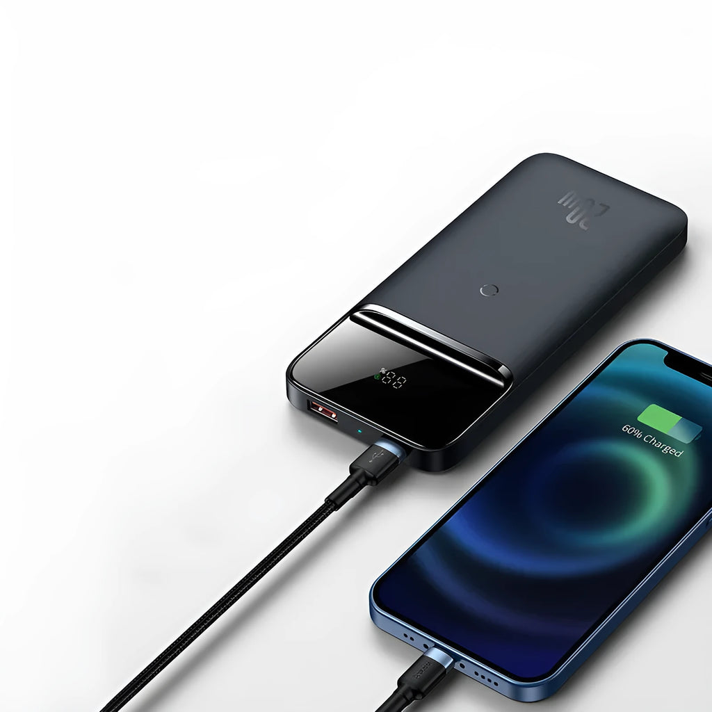 MagSafe magnetic wireless power bank with LCD display in blue or white colour options