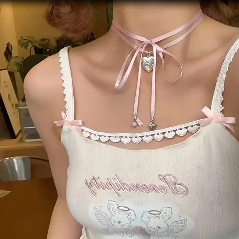 Women's ribbon design love pendant fashion necklace clavicle chain in alloy with electroplated finish