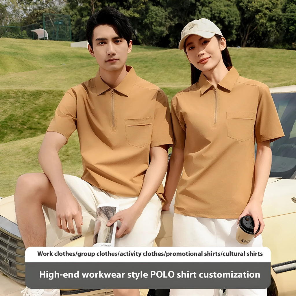 Short sleeve nylon promotional shirt with zippered pockets on the lapels, shown in Silver Fox Grey.
