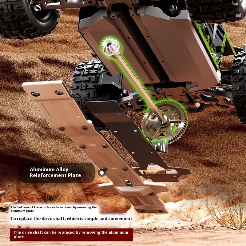 Brushless remote control car with four-wheel drive, metal drivetrain, available in green or red colour options