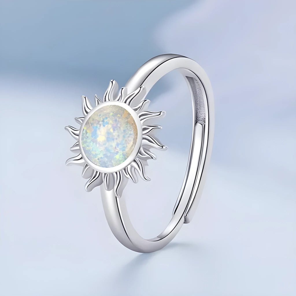 Adjustable 925 sterling silver ring with inlaid gemstone, silver colour, for women