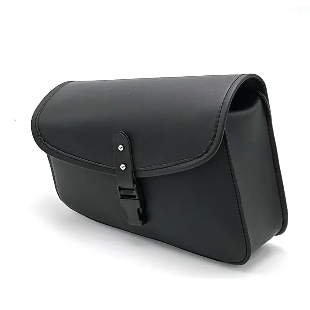 Black PU leather motorcycle swingarm saddlebag mounted on a Harley Sportster rear wheel assembly.
