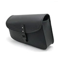 Black PU leather motorcycle swingarm saddlebag mounted on a Harley Sportster rear wheel assembly.