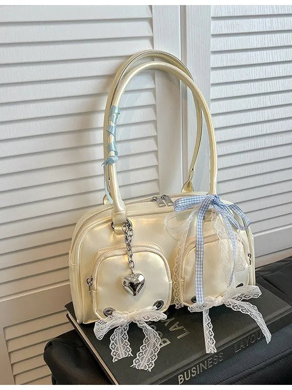 Soft PU leather women's shoulder bag in horizontal square shape, shown in beige colour.