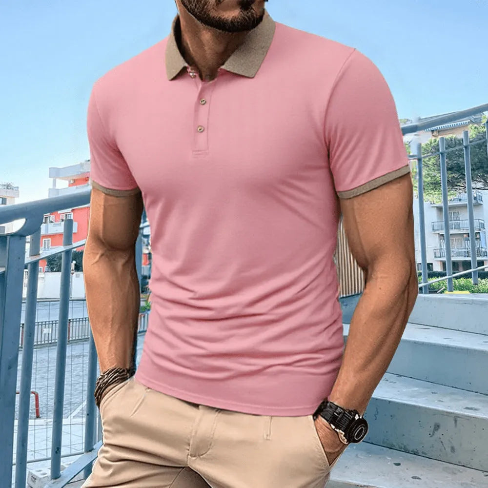 Men's summer polo shirt in ice silk fabric with flocking print design on high collar