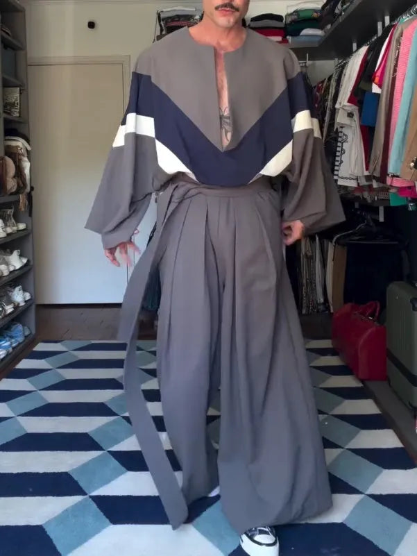 Grey colour-block top and wide-leg pants set, matching two-piece outfit available in sizes S to 3XL