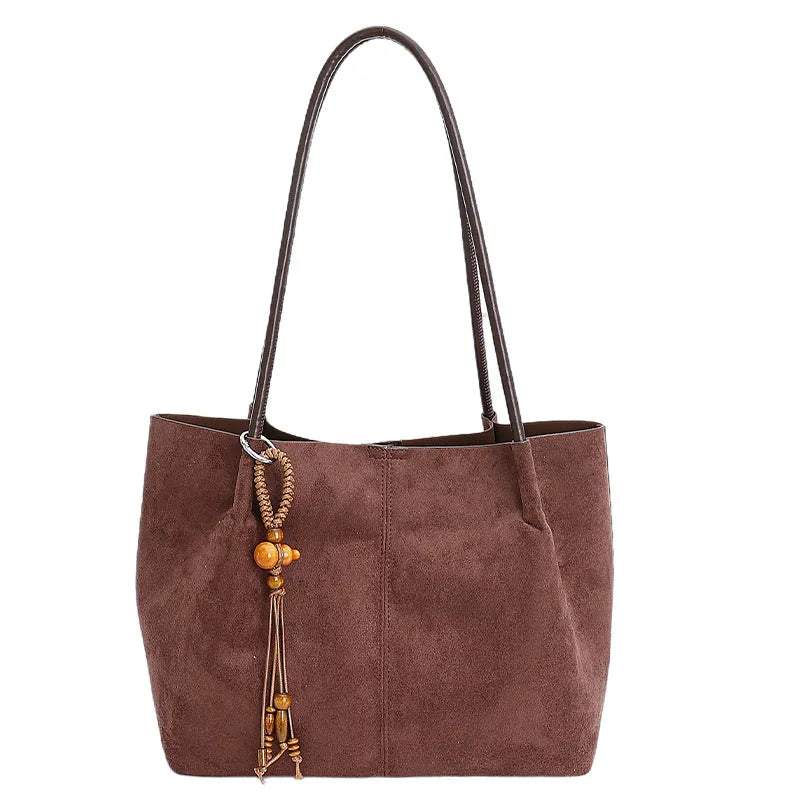 Large capacity suede tote bag in horizontal square shape with single shoulder strap, available in green with matching pendant