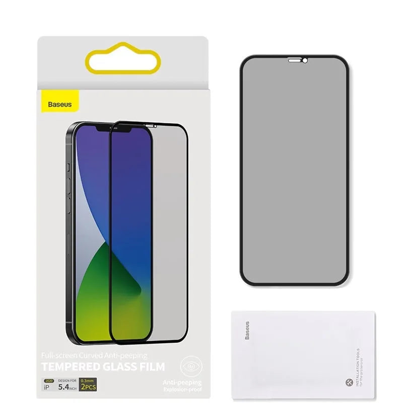 0.3mm curved privacy tempered glass screen protector for iPhone 12, 12 Pro and 12 Mini, black, two pieces