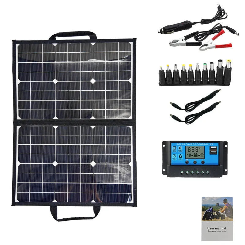 Black folding bag solar panel showing compact folded size, suitable for outdoor portable power.