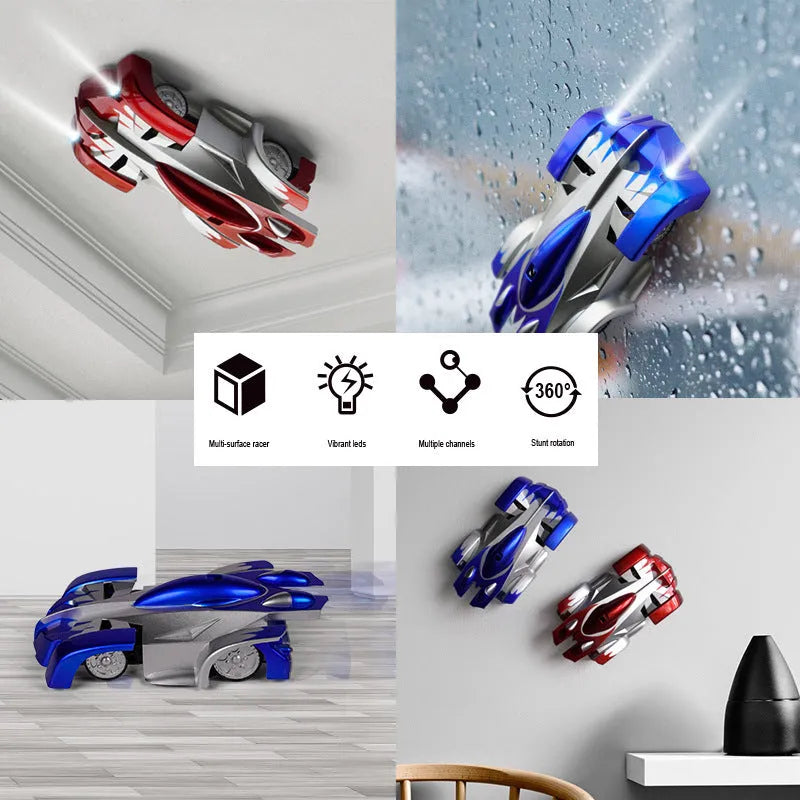 Black, blue, and red dual-mode wall climbing remote control car toy with LED lights on a vertical surface.