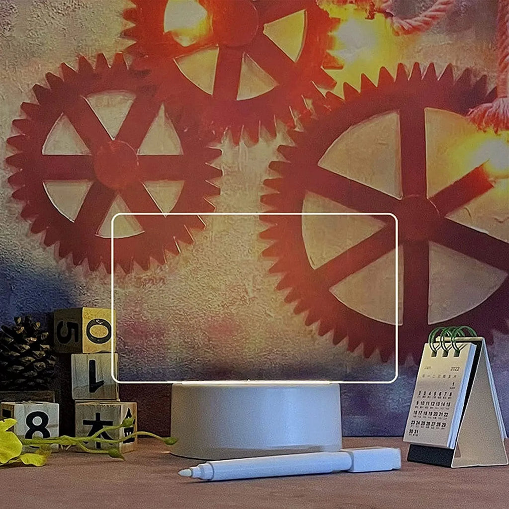USB-powered message board night lamp showing four acrylic frame sizes on stable ABS base