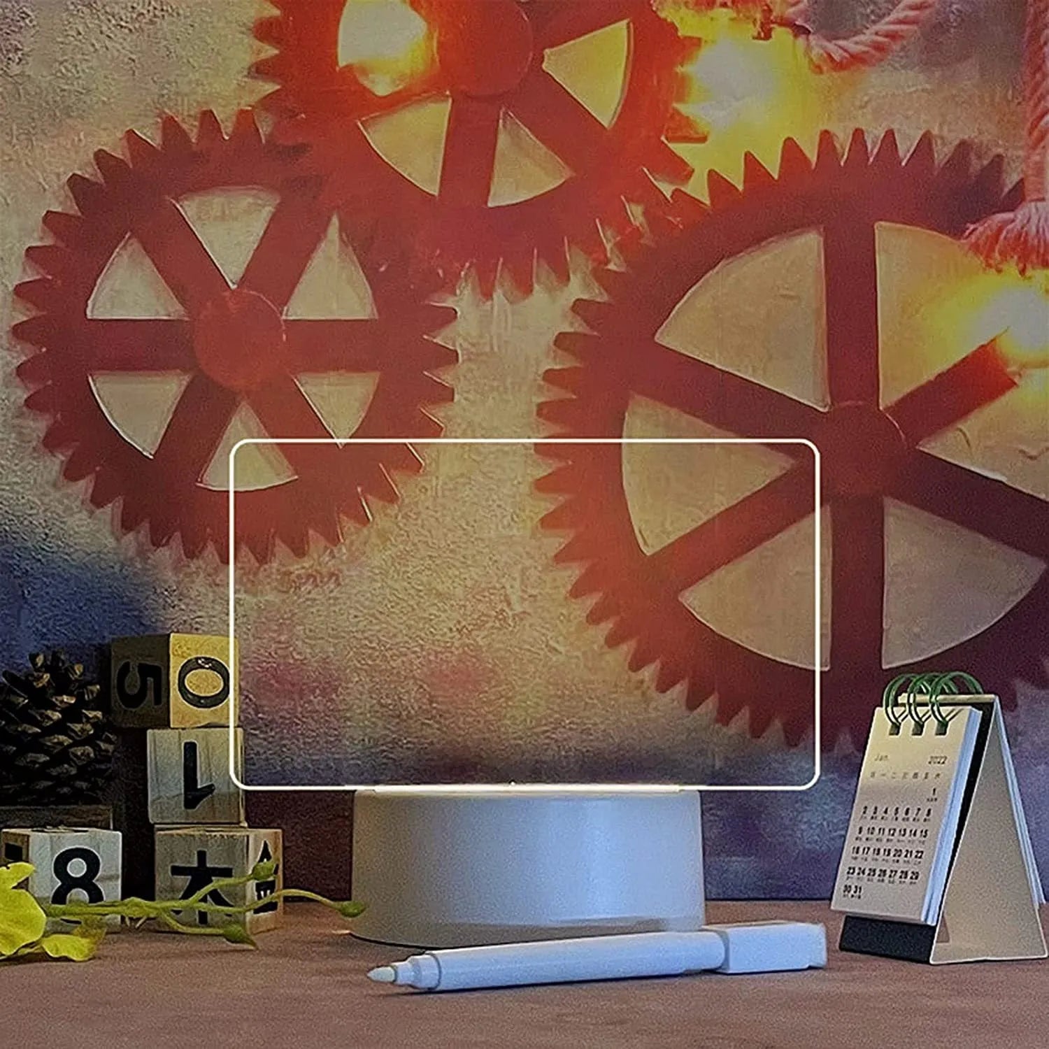 USB-powered message board night lamp showing four acrylic frame sizes on stable ABS base