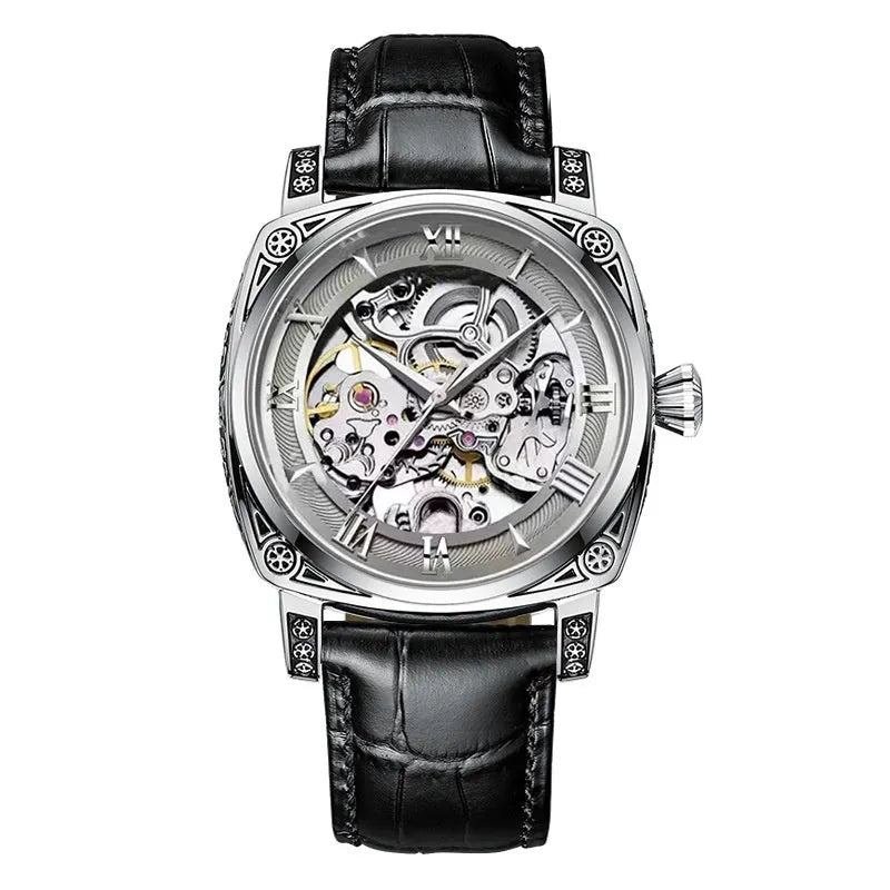 Hollow out business watch with white leather band, round dial, spiral crown, and transparent case back on a white background.