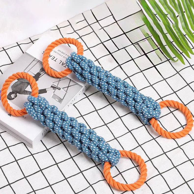 Blue braided cotton rope bone dog toy with double-ring loops