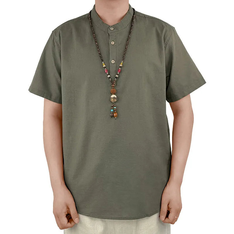 Men's solid colour short sleeve T-shirt in thin cotton linen blend fabric on a hanger.