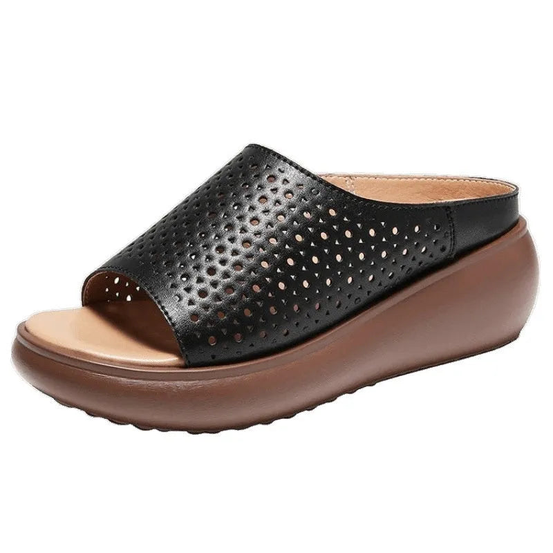 Peep toe platform heel women's slippers with ethnic pattern, PU upper, rubber sole, beige colour