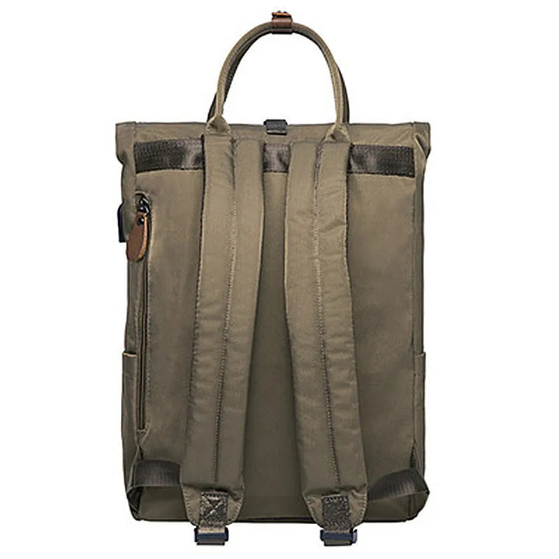 Casual polyester backpack with cover opening showing internal laptop compartment and zipper pocket