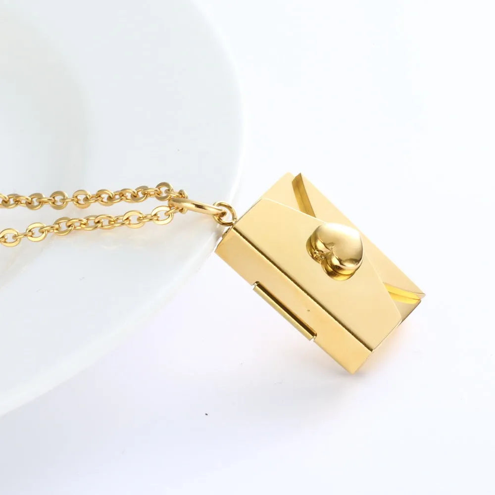 Titanium steel envelope pendant necklace with hidden compartment and O-ring chain