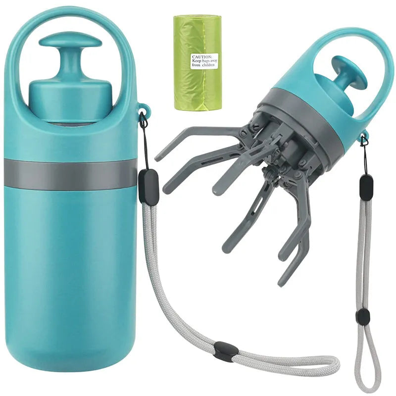 Blue portable dog pooper scooper with built-in bag dispenser and eight-claw shovel