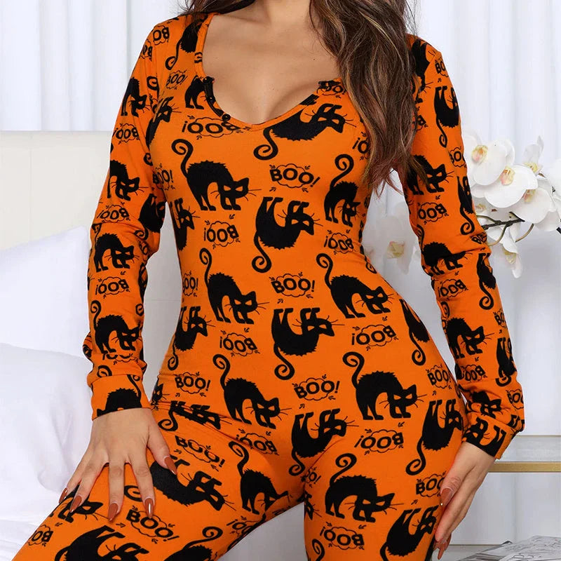 A comfortable and stylish Halloween-themed cotton pajama jumpsuit with long sleeves, available in a variety of festive colors.