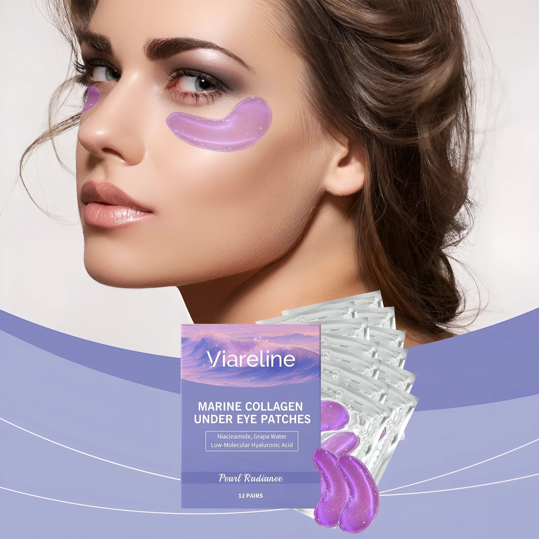 A box containing 12 pairs of collagen and hyaluronic acid eye masks for skincare.