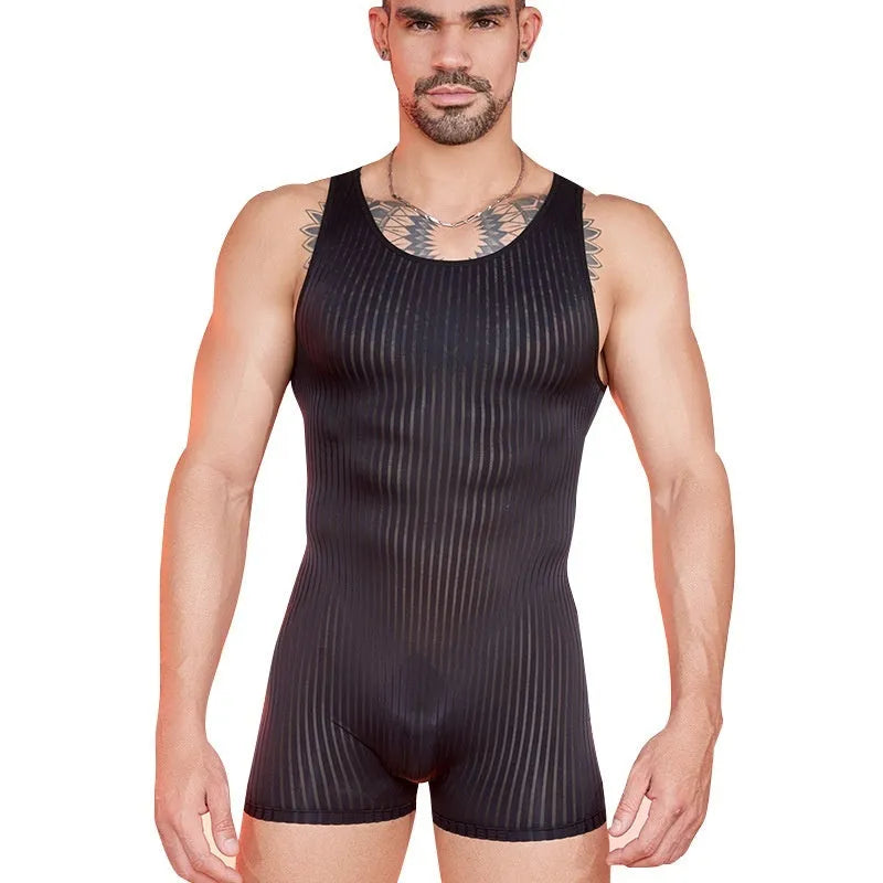Men's black and white striped nylon jumpsuit, free size, front view