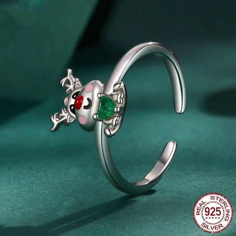 Christmas Reindeer Open Ring 925 Sterling Silver, Women, Adjustable US Size 8, Platinum Plating, Zircon