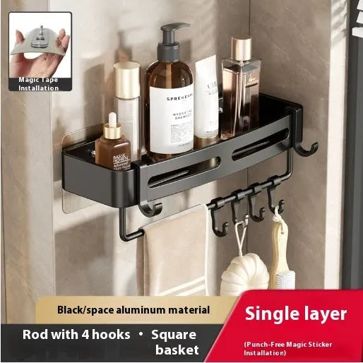 Gun grey wall-mounted corner bathroom storage rack with a single shelf, shown in a shower.
