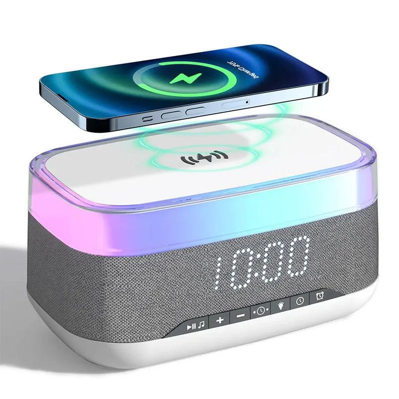 White multifunctional alarm clock with Bluetooth speaker, wireless charging pad, and ambient night light.
