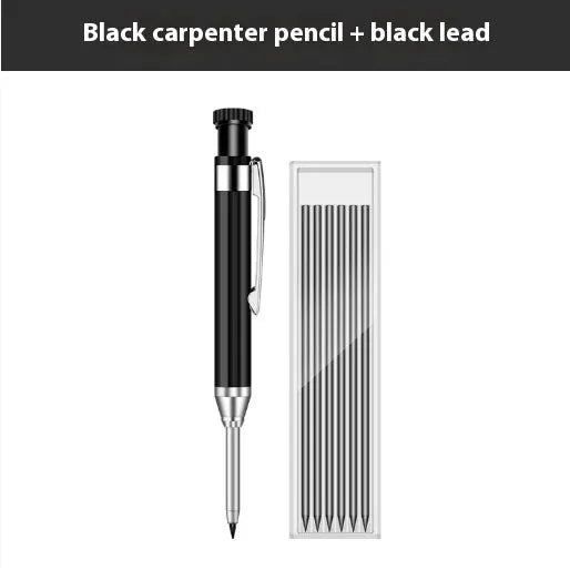 2.8mm metal long head deep hole carpenter's pencil with fine tip, black colour option, on a wooden surface